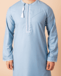 Light Sky Blue Omani Thobe with White Loop Embroidery & Tassel - Image 5