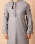 Light Ash Grey Omani Thobe with Black Loop Embroidery & Tassel - Image 2