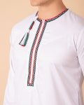 White Omani Thobe with Tricolor Embroidered Placket & Tassel - Image 5