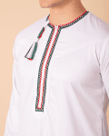 White Omani Thobe with Tricolor Embroidered Placket & Tassel - Image 5