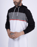 Men wearing white hooded thobe with black sleeves, grey chest panel, red stripe and zip front design