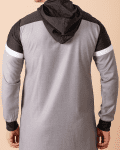 Men wearing light grey hooded thobe with black upper panel, white stripe design and zip front neckline