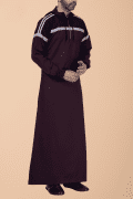 Men wearing maroon hooded thobe with navy blue panel, grey stripe design and zip front neckline