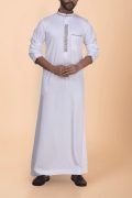 White thobe with beige floral embroidery strip and band collar for men