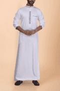 White thobe with beige floral embroidery strip and band collar for men