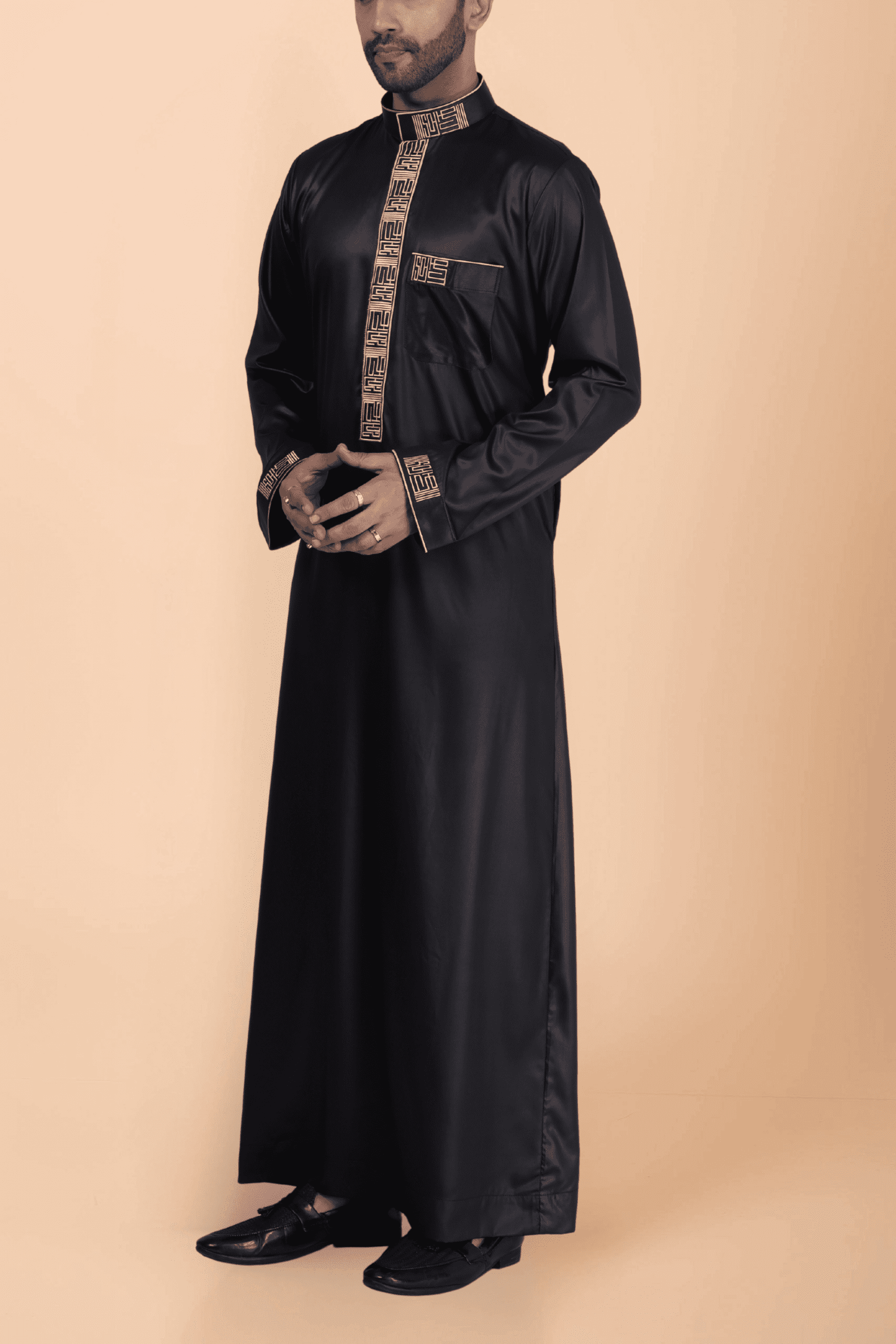 Coffee brown thobe with gold Kufic embroidery strip and band collar for men