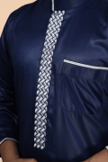 Navy blue thobe with white geometric embroidery strip and band collar for men