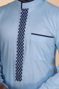 Light blue thobe with navy geometric embroidery strip and band collar for men