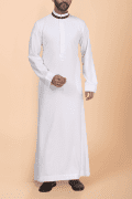 Off-white thobe with tonal embroidery strip and contrast band collar for men