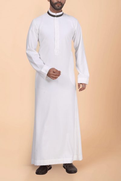 Off-white thobe with tonal embroidery strip and contrast band collar for men