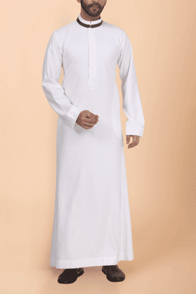 Off-white thobe with tonal embroidery strip and contrast band collar for men