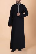 Black Thobe with Grey Geometric Embroidery Strip & Band Collar - Image 6