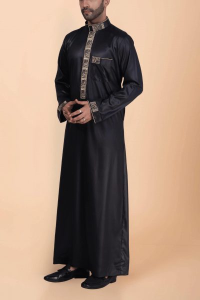 Black Designer Thobe with Gold Geometric Embroidery for Men