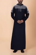 Men wearing navy blue hooded thobe with grey panel, white stripe design and zip front hood