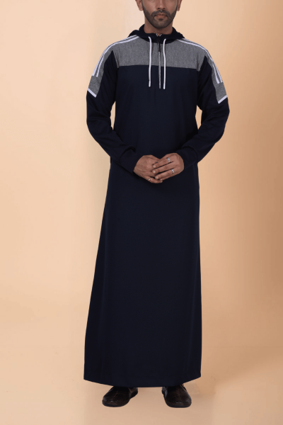 Men wearing navy blue hooded thobe with grey panel, white stripe design and zip front hood