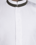 Off-white thobe with tonal embroidery strip and contrast band collar for men