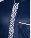 Navy blue thobe with white geometric embroidery strip and band collar for men