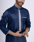 Navy blue thobe with white geometric embroidery strip and band collar for men