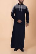 Men wearing navy blue hooded thobe with grey panel, white stripe design and zip front hood
