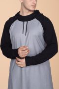 Men wearing light grey hooded thobe with black sleeves and hood minimalist Islamic wear