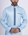 Light blue thobe with navy geometric embroidery strip and band collar for men