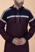 Men’s Maroon Hooded Thobe with Navy Panel & Grey Stripe Design - Image 6