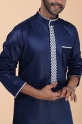 Navy blue thobe with white geometric embroidery strip and band collar for men