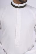 Off-white thobe with tonal embroidery strip and contrast band collar for men