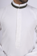 Off-white thobe with tonal embroidery strip and contrast band collar for men