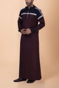 Men wearing maroon hooded thobe with navy blue panel, grey stripe design and zip front neckline