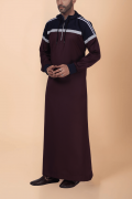 Men wearing maroon hooded thobe with navy blue panel, grey stripe design and zip front neckline