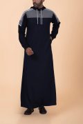 Men wearing navy blue hooded thobe with grey panel, white stripe design and zip front hood