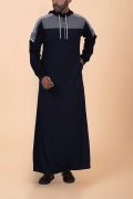 Men wearing navy blue hooded thobe with grey panel, white stripe design and zip front hood