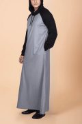 Men wearing light grey hooded thobe with black sleeves and hood minimalist Islamic wear