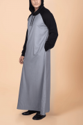 Men wearing light grey hooded thobe with black sleeves and hood minimalist Islamic wear
