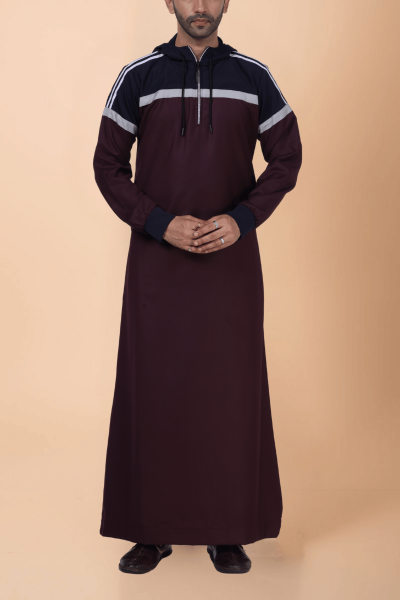 Men wearing maroon hooded thobe with navy blue panel, grey stripe design and zip front neckline
