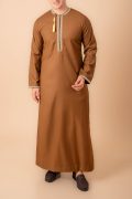 Coffee brown Omani thobe with beige geometric embroidery and tassel for men
