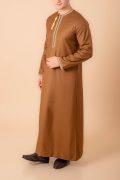 Coffee brown Omani thobe with beige geometric embroidery and tassel for men