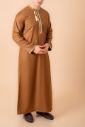 Coffee brown Omani thobe with beige geometric embroidery and tassel for men
