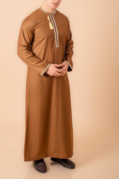 Coffee brown Omani thobe with beige geometric embroidery and tassel for men