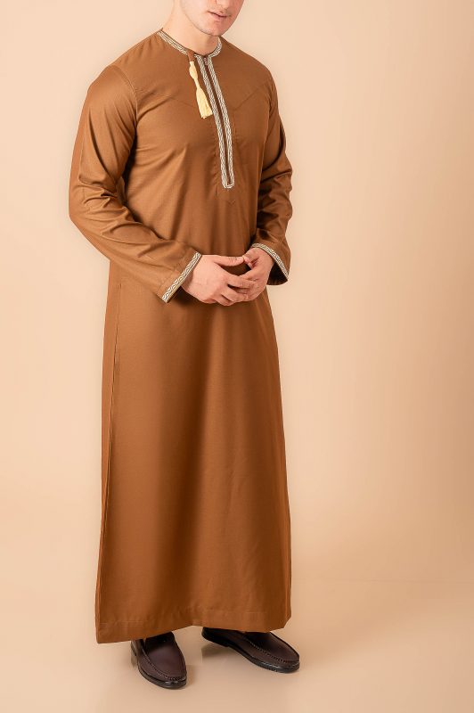 Coffee brown Omani thobe with beige geometric embroidery and tassel for men
