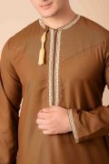 Coffee brown Omani thobe with beige geometric embroidery and tassel for men