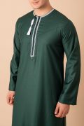 Dark green Omani thobe with white geometric embroidery and tassel for men