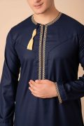 Navy blue Omani thobe with gold geometric embroidery and tassel for men