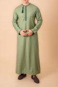 Light Olive Green Omani Thobe with Dark Green Geometric Embroidery & Tassel