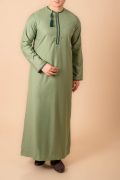 Light olive green Omani thobe with dark green geometric embroidery and tassel for men