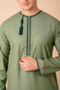 Light olive green Omani thobe with dark green geometric embroidery and tassel for men