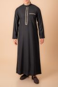 Jet black men’s thobe with gold geometric embroidered placket and band collar trim