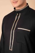 Jet black men’s thobe with gold geometric embroidered placket and band collar trim