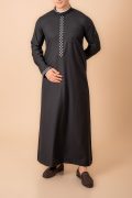 Jet black men’s thobe with white geometric embroidered placket and cuff borders